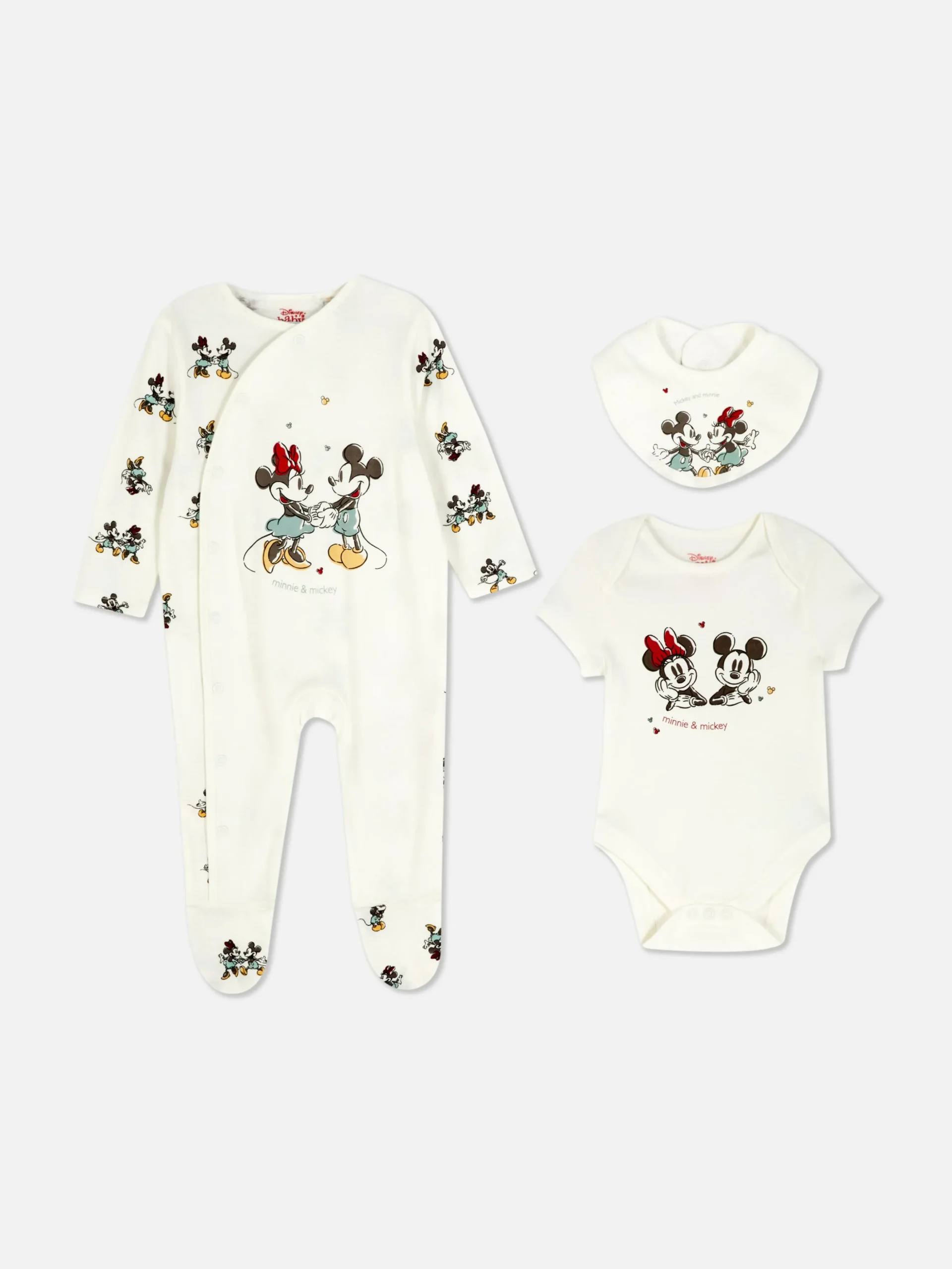Conjunto Pijama, Body E Babete Disney Mickey Mouse E Minnie