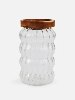 Recipiente Vidro Estriado Tampa Madeira