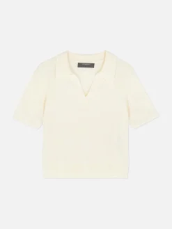 Top Manga Curta Colarinho Malha Fina