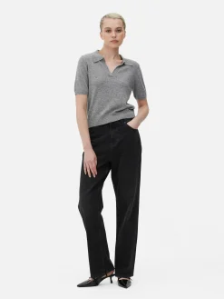 Top Manga Curta Colarinho Malha Fina