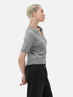 Top Manga Curta Colarinho Malha Fina