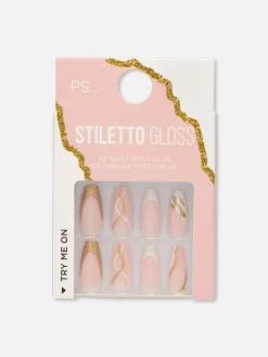 Unhas Postiças Stiletto Brilho Espirais PS...