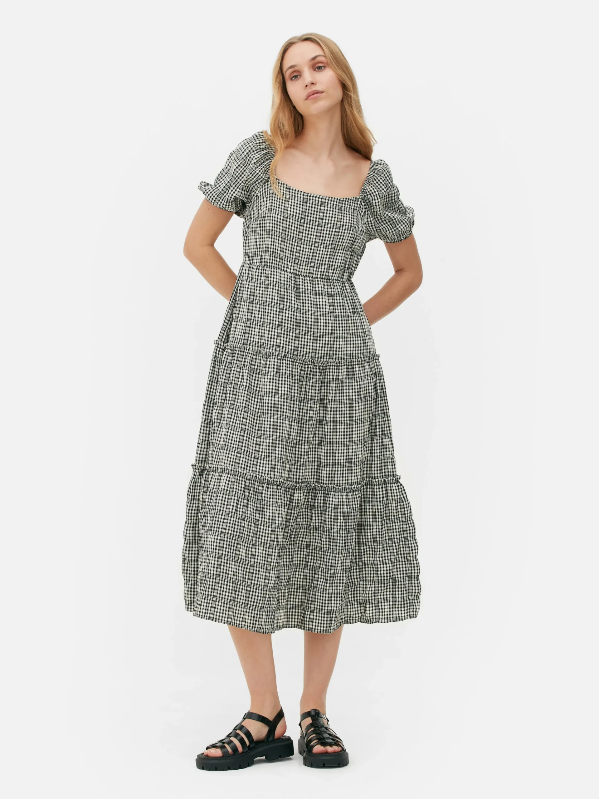 Vestido Midi Camadas Manga Balão Guingão